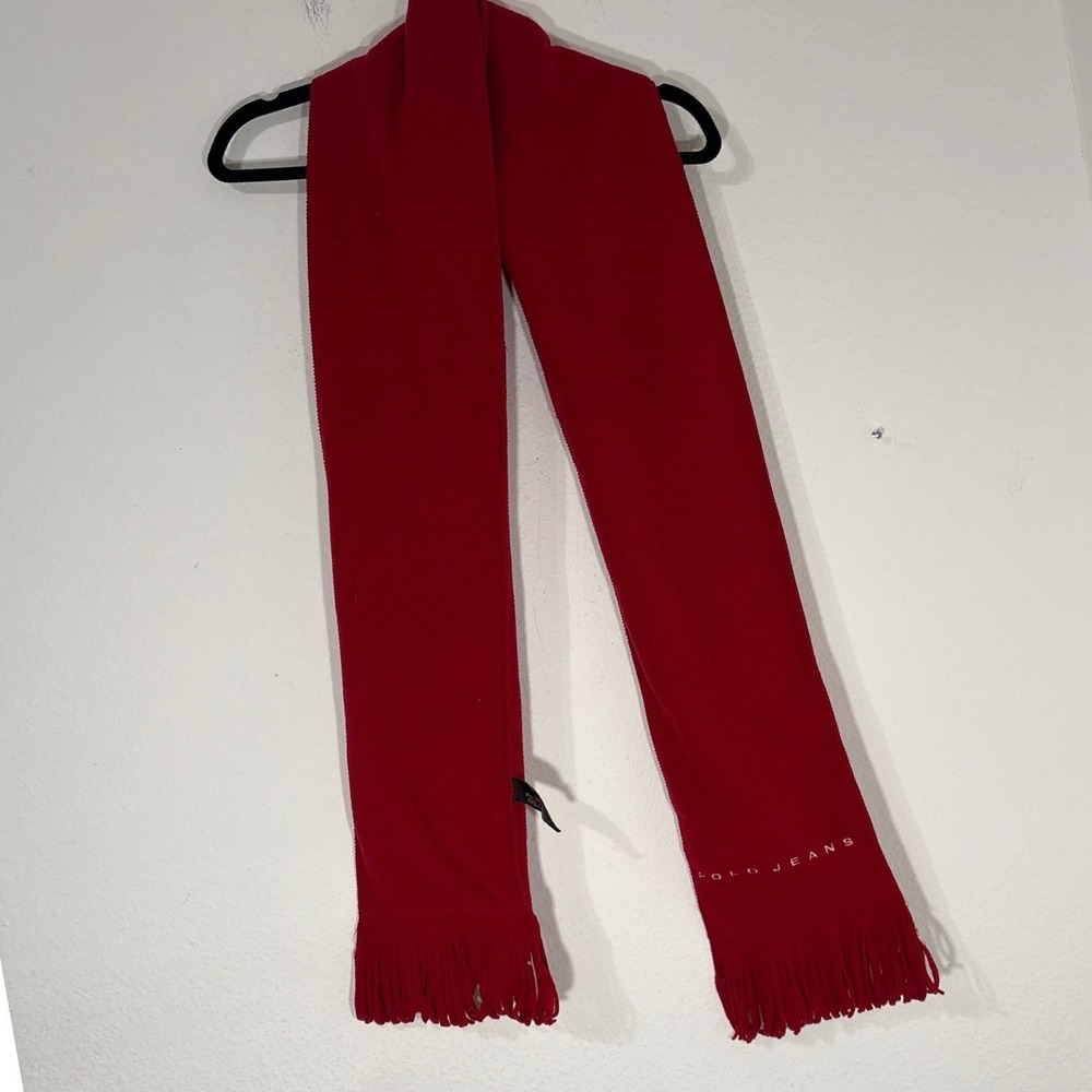 Polo‎ Jeans Company Red Fleece Scarf Embroidered Logo Fringe Winter 80 Inch
